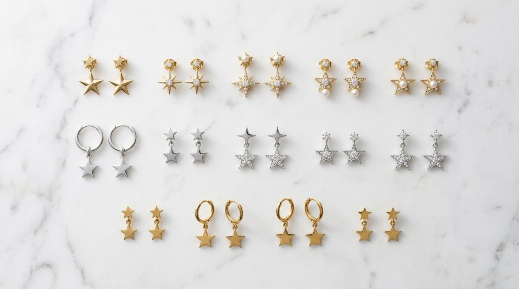 Boucles d’oreilles étoile : or, argent et acier femme